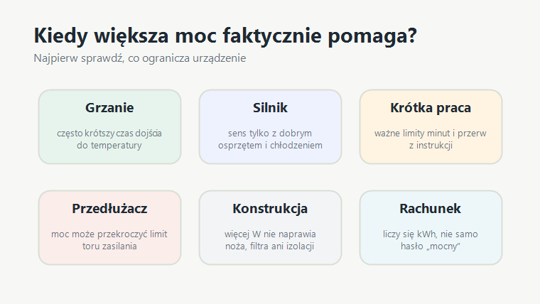Schemat z przykładami sytuacji, w których większa moc pomaga albo wymaga ostrożności.