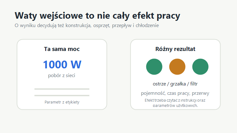 Schemat pokazujący, że ta sama moc wejściowa może dawać różny rezultat zależnie od konstrukcji urządzenia.