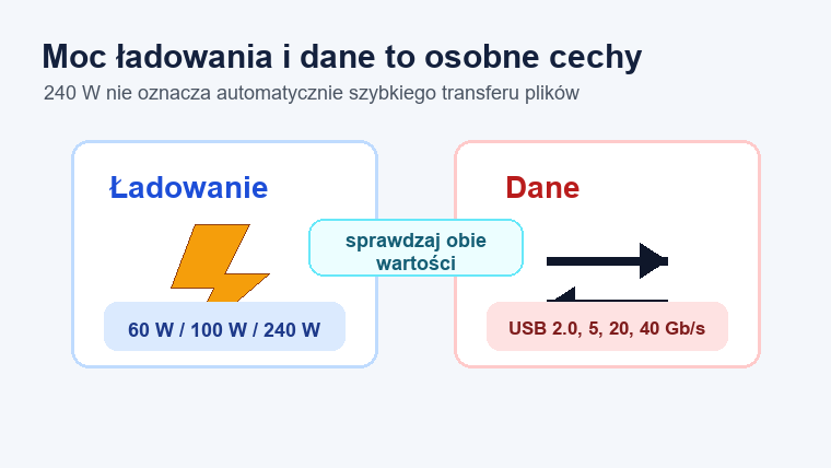Schemat pokazujący, że moc ładowania kabla USB-C i szybkość przesyłania danych są osobnymi cechami.