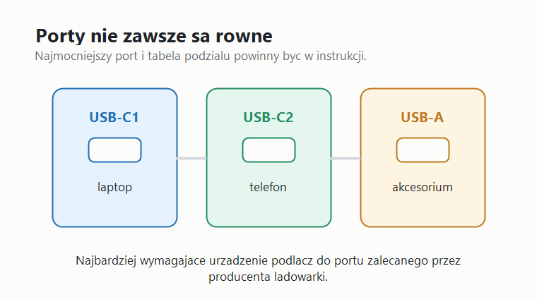 Schemat trzech portów ładowarki pokazujący, że laptop, telefon i akcesorium mogą mieć różne priorytety podłączenia.