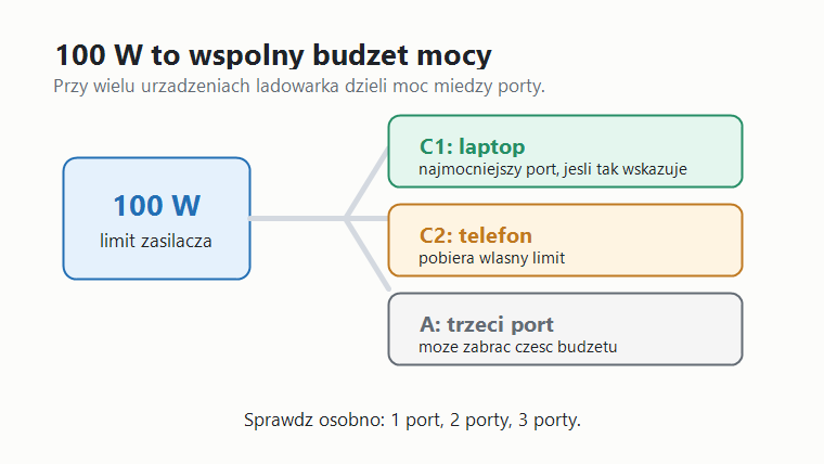 Schemat pokazujący ładowarkę USB-C 100 W jako wspólny budżet mocy dzielony między port C1, port C2 i trzeci port.