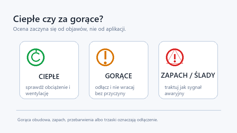 Schemat pokazujący różnicę między lekko ciepłym smart gniazdkiem, gorącą obudową i objawami awaryjnymi.