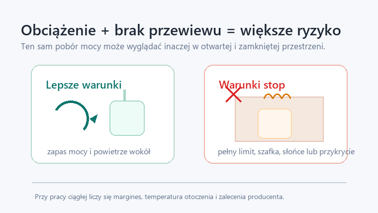 Schemat porównujący smart gniazdko w otwartej przestrzeni z zapasem mocy oraz w zamkniętej przestrzeni przy dużym obciążeniu.