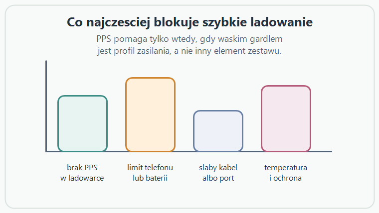 Diagram pokazujący ograniczenia szybkiego ładowania: brak PPS, limit telefonu, słaby kabel oraz temperatura.