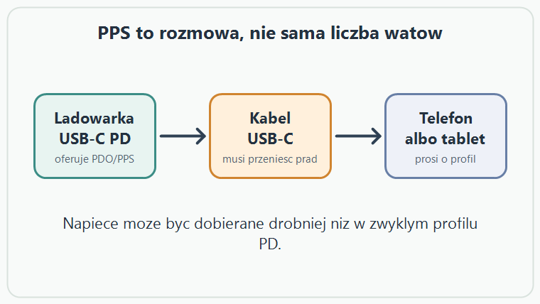 Schemat rozmowy PPS między ładowarką USB-C, przewodem i urządzeniem, które prosi o profil zasilania.